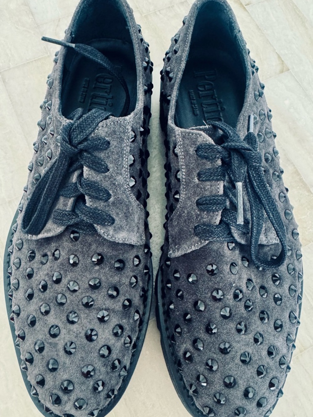 PERTINI Studded Suede Lace-Up Oxfords in Charcoal, size 38